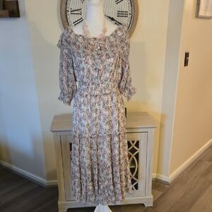 Chic Cream Floral Off-Shoulder Midi Dress NWT